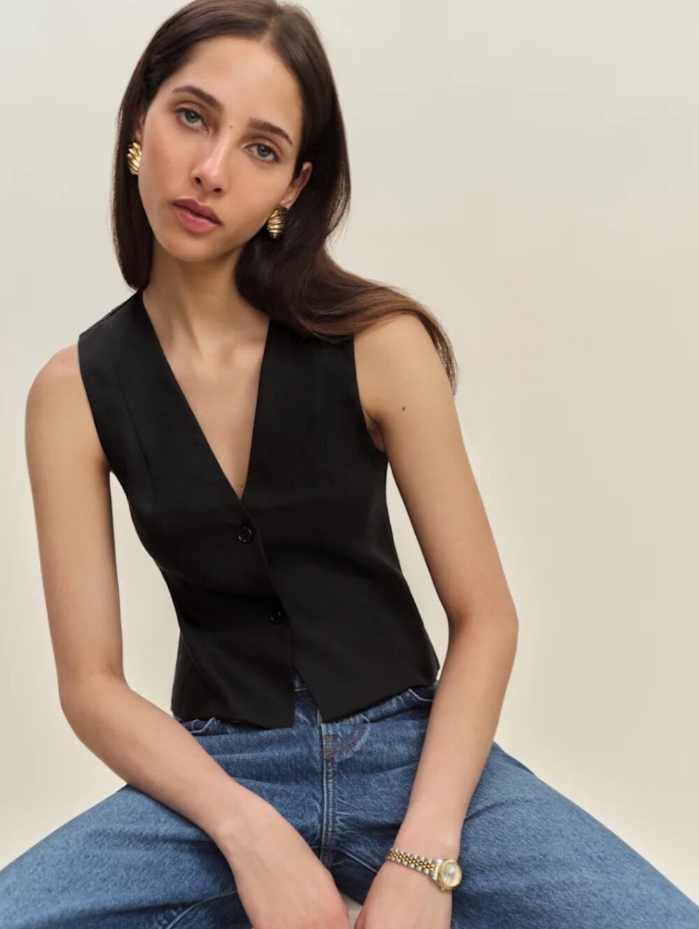 Reformation | Anita Linen Vest | Black | 10